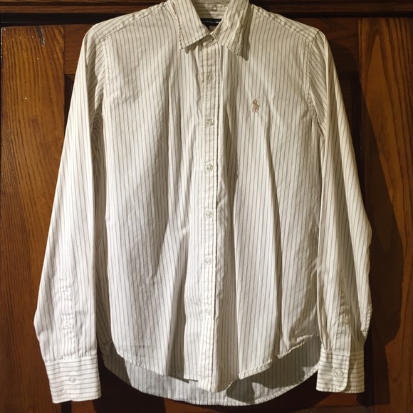 Tan and white striped button down shirt