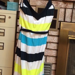 Blue, white and neon yellow striped dress