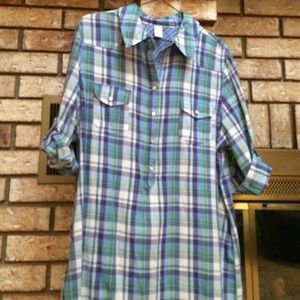 Purple, blue, green and white plaid dress
