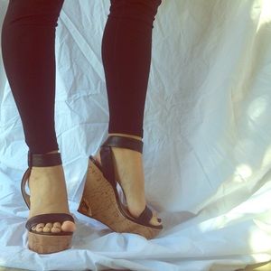 Aldo black leather strapped wedges