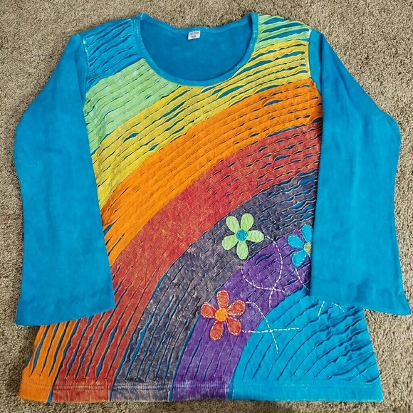 Tops - xl XXL *nwot* Teal Rag Stripes with Flowers Top