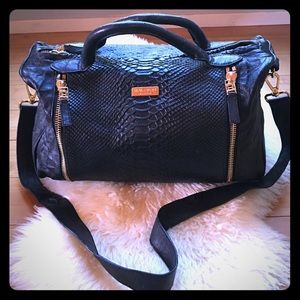 Halston Black Embossed Leather Barrel Bag