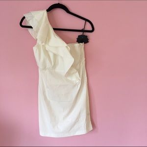 All white dress. One shoulder. fitted