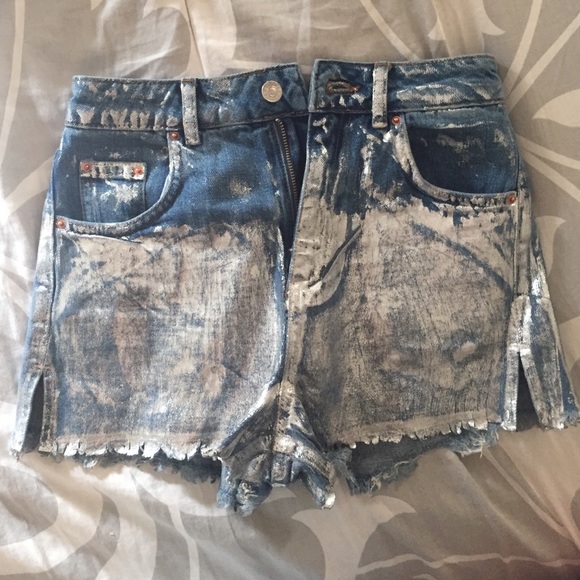 metallic denim shorts