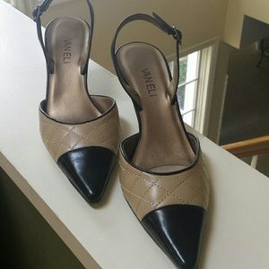 Vaneli black and bone leather slingback heels