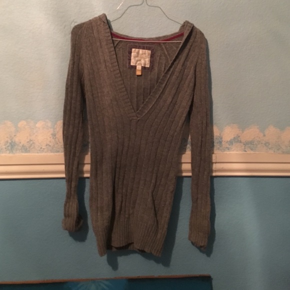 American Eagle Gray V Neck Hoodie Sweater