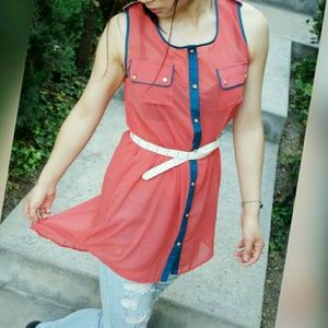 Coral Red Chiffon Tank Dress Shirt Blouse