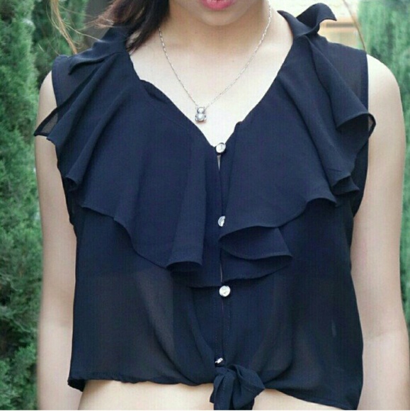 V Neck Chiffon Black Rhinestone Button Blouse