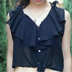 V Neck Chiffon Black Rhinestone Button Blouse