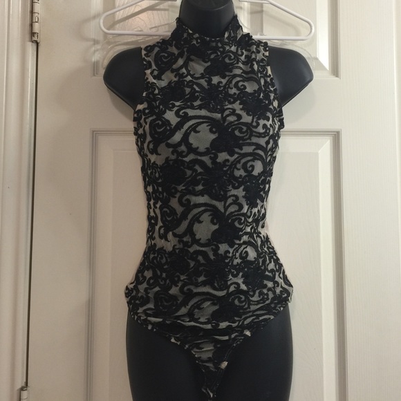 Sexy black and nude mesh bodysuit