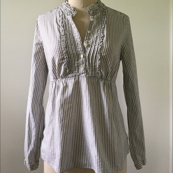 Half Button Down Ruffle Striped Blouse