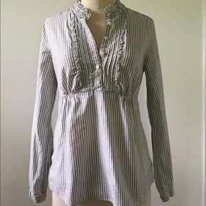 Half Button Down Ruffle Striped Blouse
