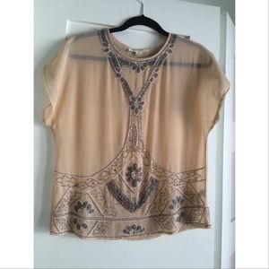 Sheer Nude Cream grey/silver Beaded Tunic