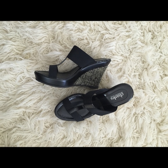 Black tweed platform wedge sandals