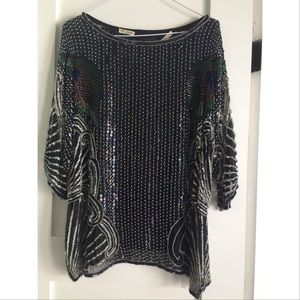 Vintage Black sequin beaded peacock silk tunic