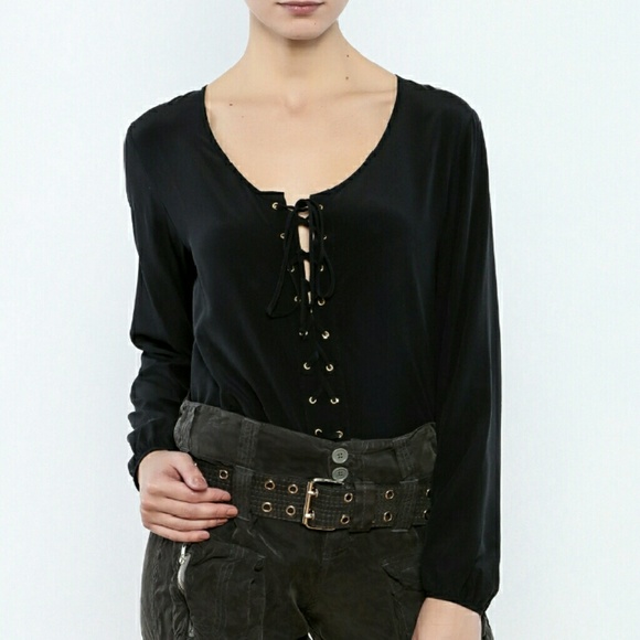 Acrobat Tops - Acrobat 100% Silk BLACK Lace Up Blouse Top LOWEST