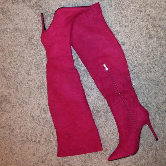 Shoes - Red Suede look Thigh High Boots