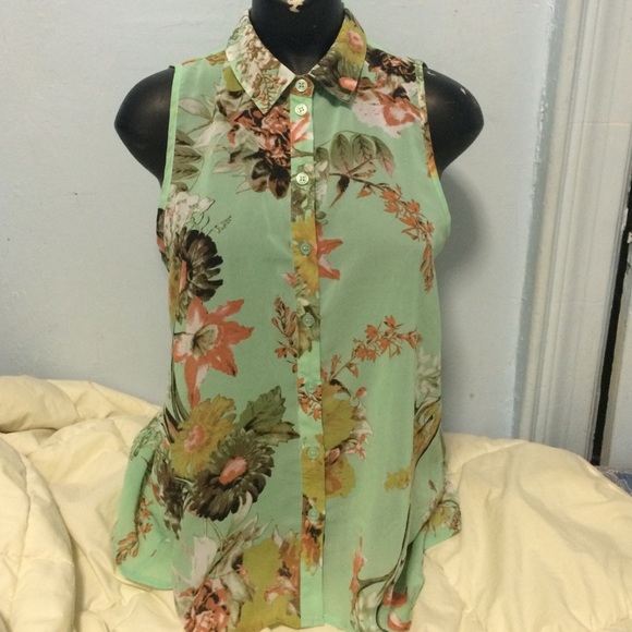 F21 Floral Pattern Sheer Button Up Shirt
