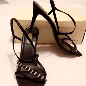 Lord & Taylor Black Satin Strappy Heels+Rhinestone