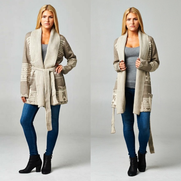 ‼️SOLD OUT‼️Love Stitch-Aztec Pattern Belted Cardi - Picture 3 of 5