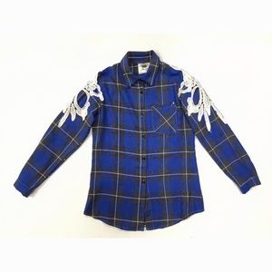 NANA STYLE Plaid Button Down with Lace Appliqué