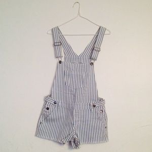 XXI Light Blue & White Striped Short Overalls
