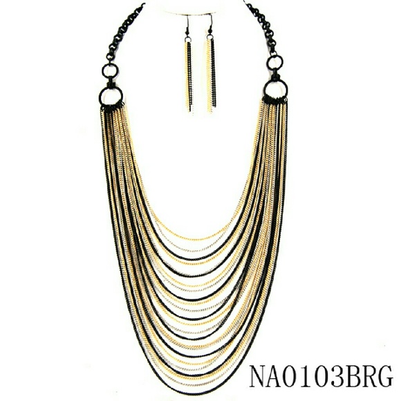 Multi Tone long layered necklace earrings set