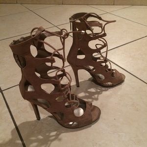 Crisscross taupe heels