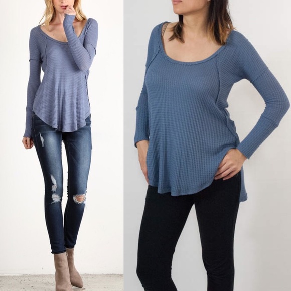 CHERYL waffle long sleeve top - BLUE - Picture 2 of 4