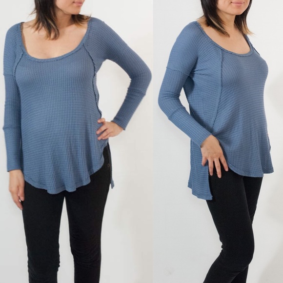 CHERYL waffle long sleeve top - BLUE - Picture 3 of 4