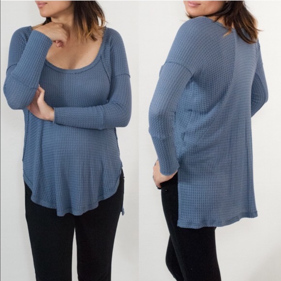 CHERYL waffle long sleeve top - BLUE - Picture 4 of 4