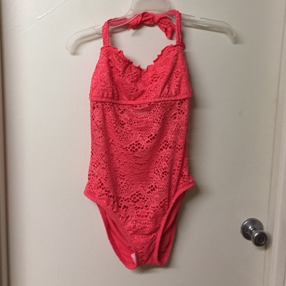 Coral Crochet One Piece Halter Swim Suit