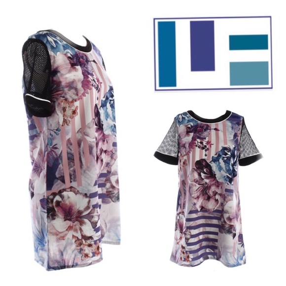 New LF Purple Floral Print Mesh Knit Sleeve Dress