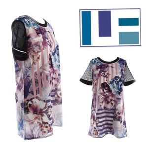 New LF Purple Floral Print Mesh Knit Sleeve Dress
