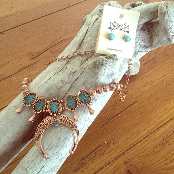 Squash Blossom Style Necklace Copper and Turquoise