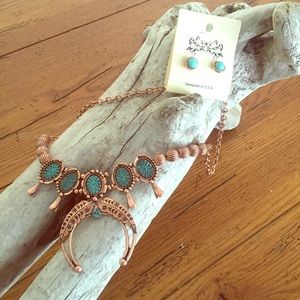 Squash Blossom Style Necklace Copper and Turquoise