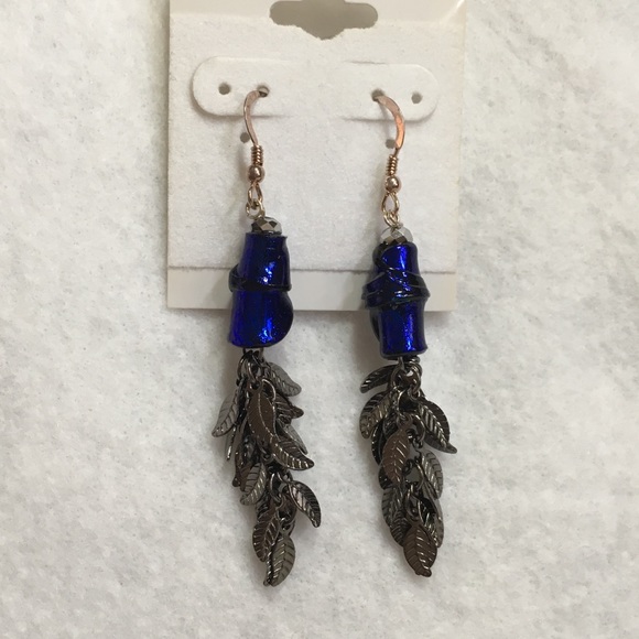 Blue Dichroic Tubes, Black Leaves, & 925  Earrings