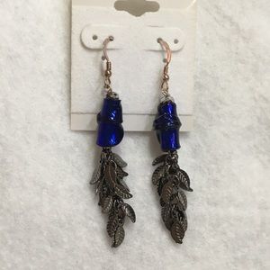 Blue Dichroic Tubes, Black Leaves, & 925  Earrings
