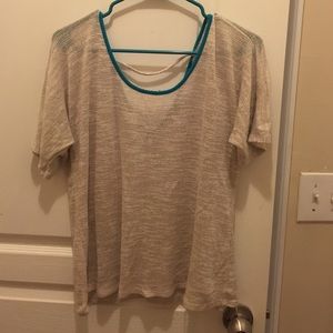 Blue trim tan knit T-shirt