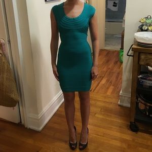 Herve Leger teal bandage dress