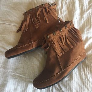 Fringe, studded ankle boots.