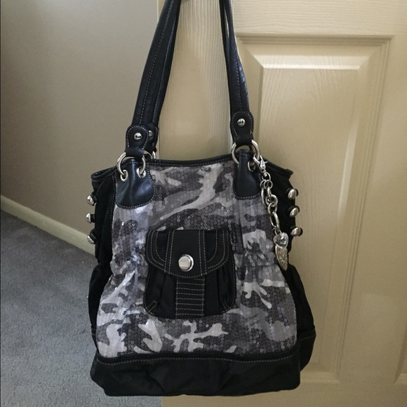 Kathy Van Zeeland large camo-sequined bag