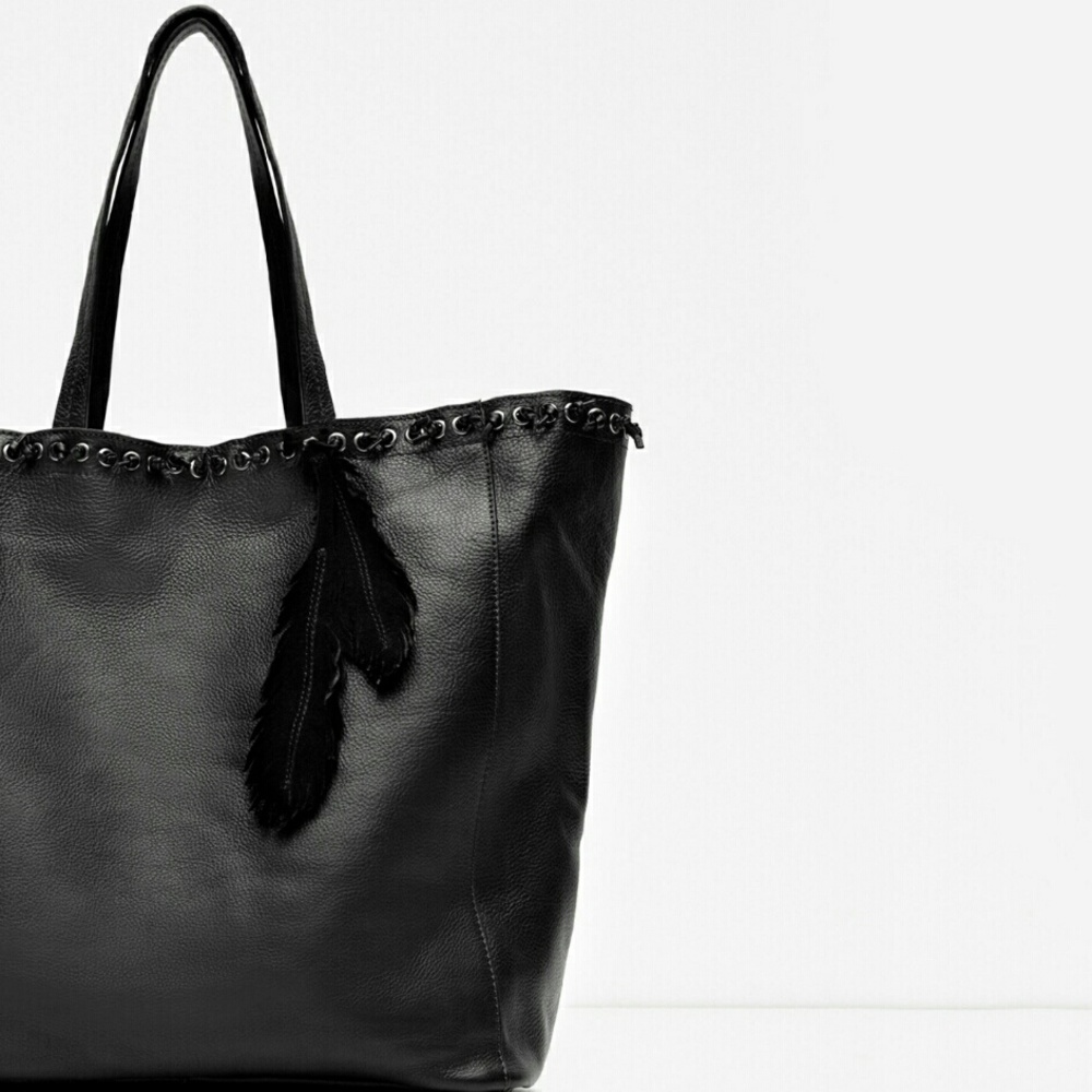 ZARA 100% LEATHER TOTE WITH FEATHER DETAIL NEW