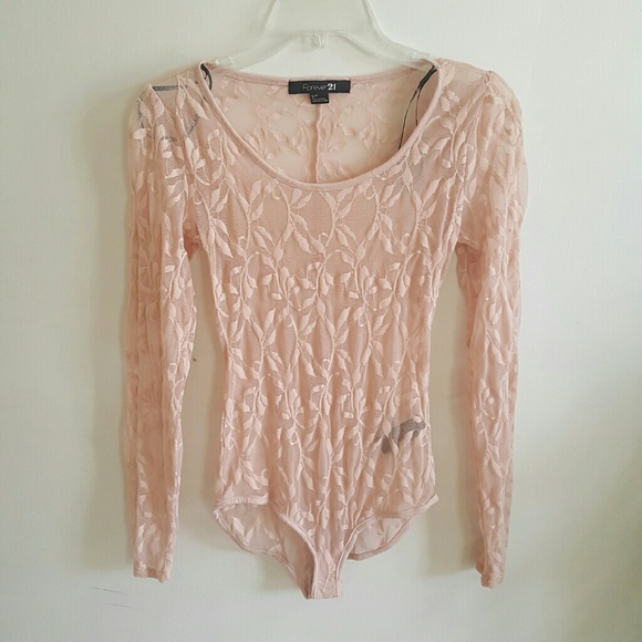 Forever 21 Lace Floral Peach Sheer Mesh Bodysuit S
