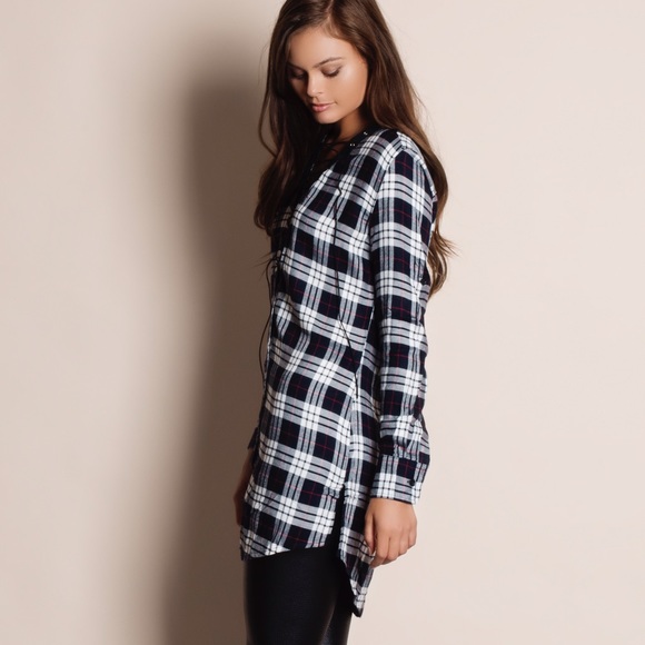 1HOURSALE Lace Up Plaid Tunic Top - Picture 2 of 4