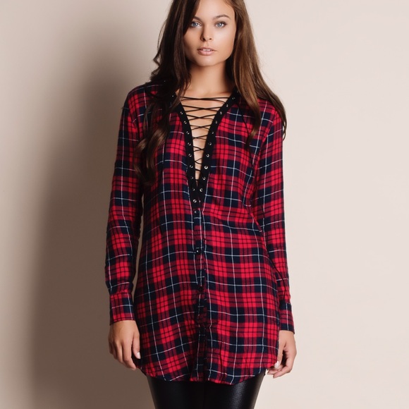 1HOURSALE Lace Up Plaid Tunic Top - Picture 4 of 4