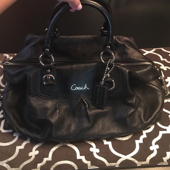 Large black leather coach bag