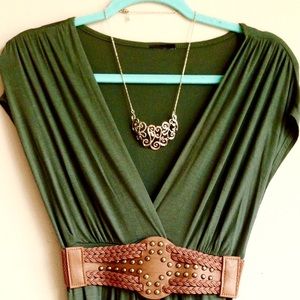 Dark Olive Green Low Cut Dress