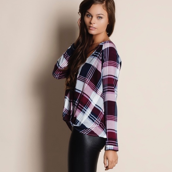 Cross Front Long Sleeve Plaid Top - Picture 2 of 4