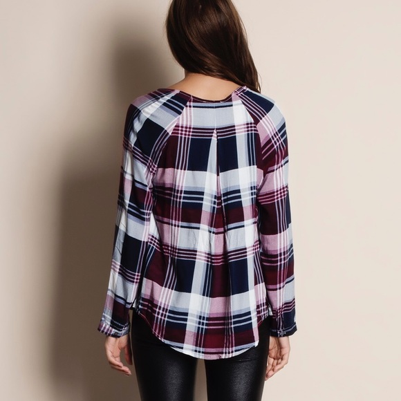 Cross Front Long Sleeve Plaid Top - Picture 3 of 4